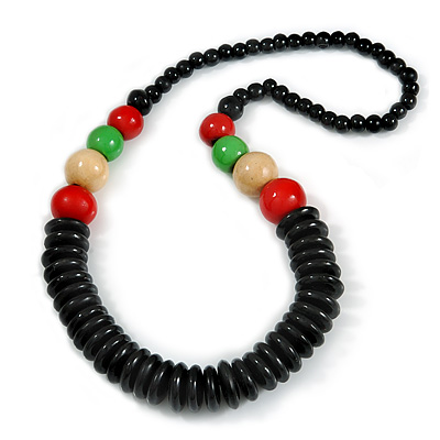 Chunky Ball and Button Wood Bead Necklace in Black/ Red/ Natural/ Green - 70cm Long