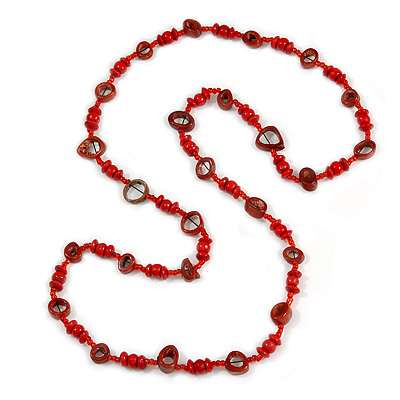 Long Red/ Maroon Wood, Glass, Bone Beaded Necklace - 108cm L