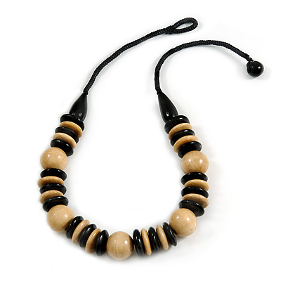 Chunky Natural/ Black Round and Button Wood Bead Cotton Cord Necklace - 66cm Long