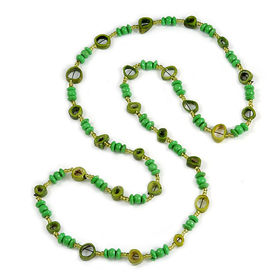 Long Green/ Olive Wood, Glass, Bone Beaded Necklace - 116cm L
