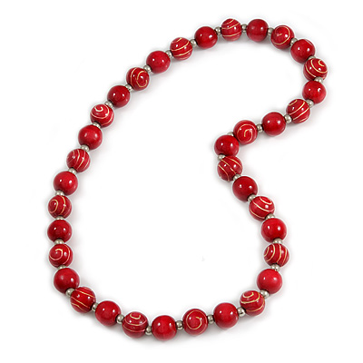 Long Chunky Red Wood Bead Necklace - 82cm L