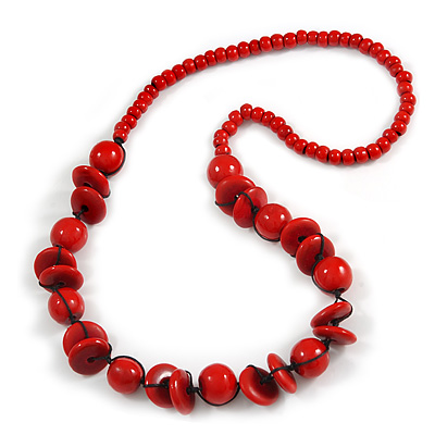 Red Round and Button Wood Bead Long Necklace - 80cm L