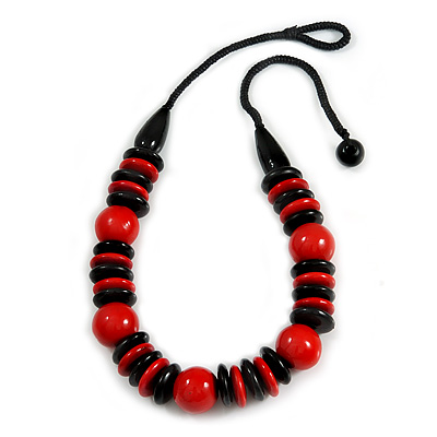 Chunky Red/ Black Round and Button Wood Bead Cotton Cord Necklace - 66cm Long - main view
