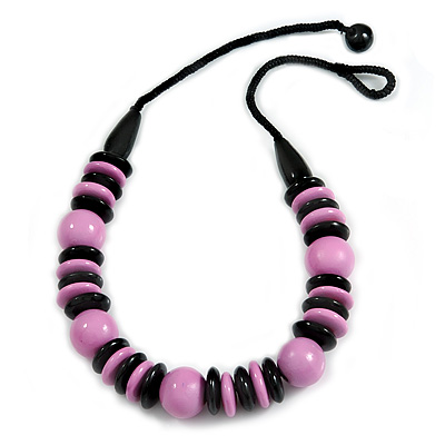 Chunky Lilac/ Black Round and Button Wood Bead Cotton Cord Necklace - 66cm Long