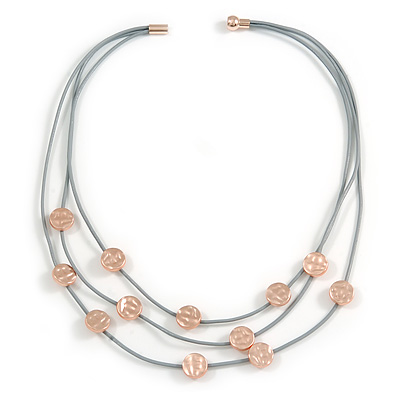 3 Strand Layered Mouse Grey Leather Cord with Matt Rose Gold Hammered Coin Magnetic Necklace - 50cm L