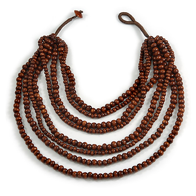 Multistrand Layered Bib Style Wood Bead Necklace In Brown - 40cm Shortest/ 70cm Longest Strand
