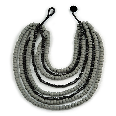 Multistrand Layered Bib Style Wood Bead Necklace In Black/ Grey - 40cm Shortest/ 70cm Longest Strand - main view