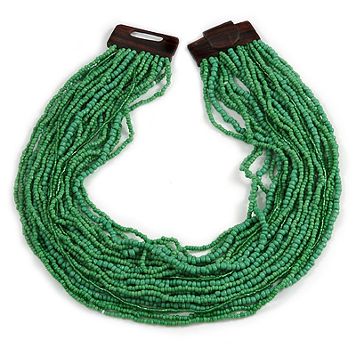 Statement Multistrand Apple Green Glass Bead Necklace with Wood Closure - 60cm Long