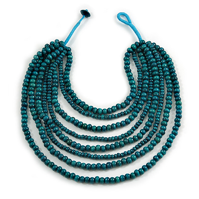 Multistrand Layered Bib Style Wood Bead Necklace In Teal Green - 40cm Shortest/ 70cm Longest Strand - main view