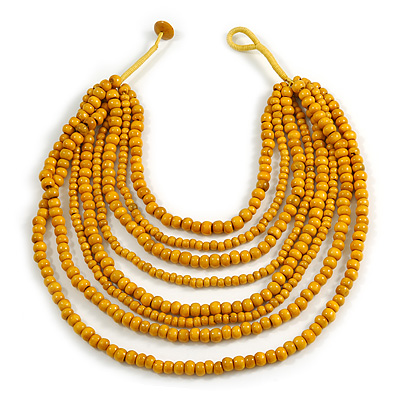 Multistrand Layered Bib Style Wood Bead Necklace In Yellow - 40cm Shortest/ 70cm Longest Strand
