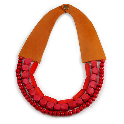 Handmade Multistrand Wood Bead and Leather Bib Style Necklace in Red - 64cm Long