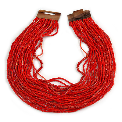 Statement Multistrand Red Glass Bead Necklace with Wood Closure - 60cm Long - main view