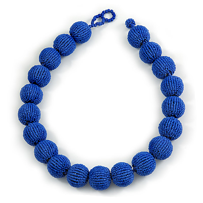Chunky Royal Blue Glass Bead Ball Necklace - 54cm Long - main view
