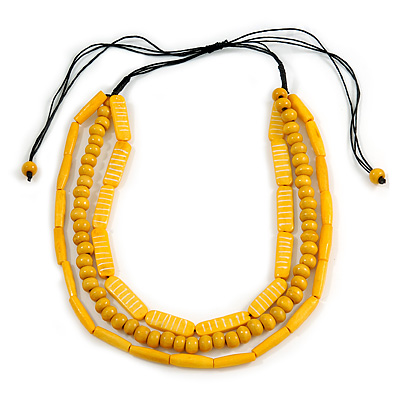 3 Strand Layered Wood Bead Black Cord Necklace In Banana Yellow - 44cm up to 56cm Adjustable