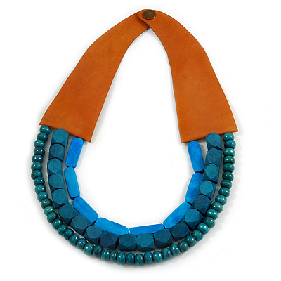 Handmade Multistrand Wood Bead and Leather Bib Style Necklace in Teal/ Blue - 64cm Long