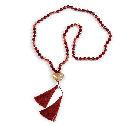 Long Burgundy Red Agate Semiprecious Bead with Glass Heart Pendant/ Silk Tassel Necklace - 80cm L/ 11cm Tassel