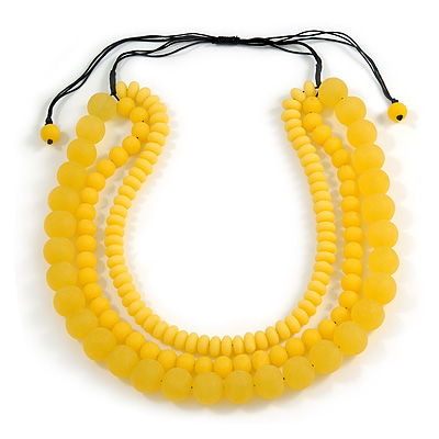 Chunky 3 Strand Layered Resin Bead Cord Necklace In Lemon Yellow - 60cm up to 70cm Adjustable