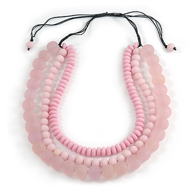 Chunky 3 Strand Layered Resin Bead Cord Necklace In Baby Pink/ Light Pink - 60cm up to 70cm Adjustable