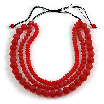 Chunky 3 Strand Layered Resin Bead Cord Necklace In Red - 60cm up to 70cm Adjustable