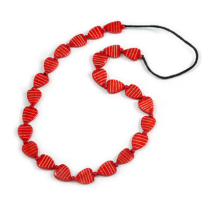 Long Red Wood Heart Bead Black Cord Necklace - 86cm Long - main view