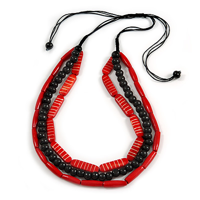 3 Strand Layered Wood Bead Cord Necklace In Red/ Black - 44cm up to 56cm Adjustable