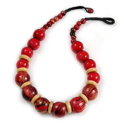 Chunky Colour Fusion Wood Bead Necklace (Cranberry Red/ Natural) - 53cm L