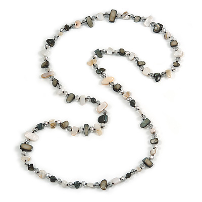 Long Grey/ Off White Shell Nugget and Transparent Glass Crystal Bead Necklace - 110cm L