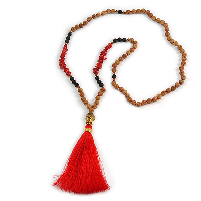 Red Coral Nugget, Brown/ Black Seed Beaded Necklace with Buddha Lucky Charm/ Silk Tassel Pendant - 86cm L/ 13cm Tassel