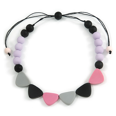 Black/ Grey/ Pink/ Lavender Resin Bead Geometric Cotton Cord Necklace - 44cm L - Adjustable up to 50cm L