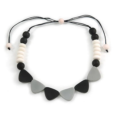 Black/ White/ Grey Resin Bead Geometric Cotton Cord Necklace - 44cm L - Adjustable up to 50cm L