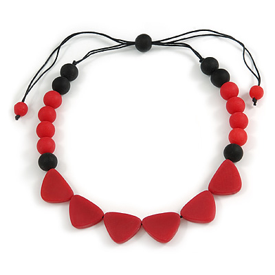 Red/ Black Resin Bead Geometric Cotton Cord Necklace - 44cm L - Adjustable up to 50cm L