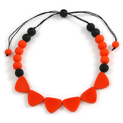 Orange/ Black Resin Bead Geometric Cotton Cord Necklace - 44cm L - Adjustable up to 50cm L