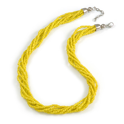 Multistrand Twisted Lemon Yellow Glass Bead Necklace Silver Tone Closure - 48cm L/ 3cm Ext