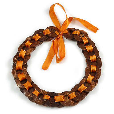 Brown Wood Ring with Orange Silk Ribbon Necklace - 49cm L/ 20cm L Ribbon Ext - main view