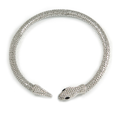 Silver Tone Clear Crystal Snake Flex Collar Necklace