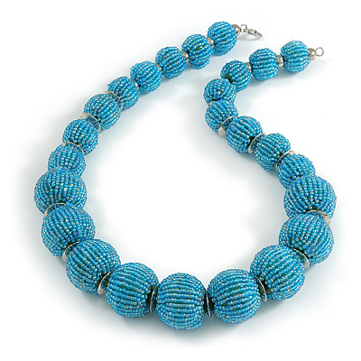 Chunky Light Blue Glass Bead Ball Necklace with Silver Tone Clasp - 60cm L - main view
