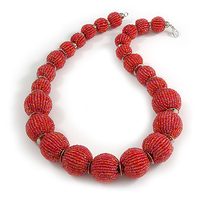 Chunky Red Pink Glass Bead Ball Necklace with Silver Tone Clasp - 60cm L