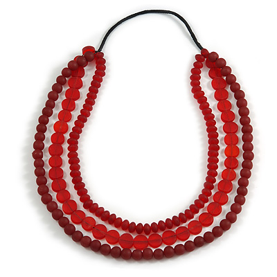 3 Strand Dark Red Resin Bead Black Cord Necklace - 80cm L - Chunky