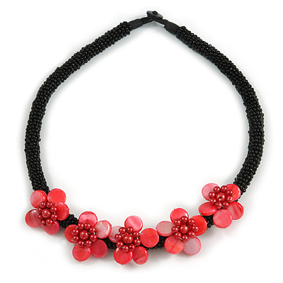 Black/ Red Glass Bead with Shell Floral Motif Necklace - 48cm Long