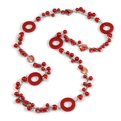 Long Red Pearl, Shell and Resin Ring with Silver Tone Chain Necklace - 104cm Long