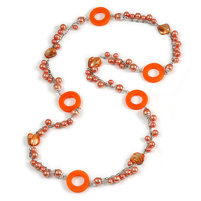 Long Peach Orange Pearl, Shell and Resin Ring with Silver Tone Chain Necklace - 104cm Long