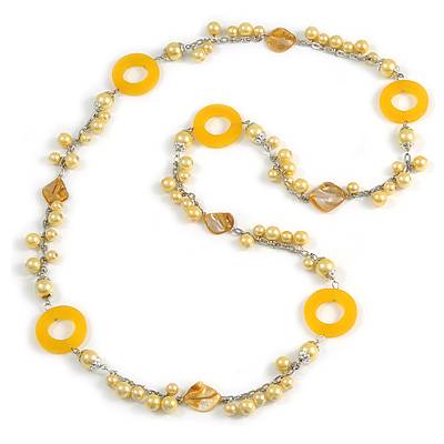 Long Yellow Pearl, Shell and Resin Ring with Silver Tone Chain Necklace - 104cm Long