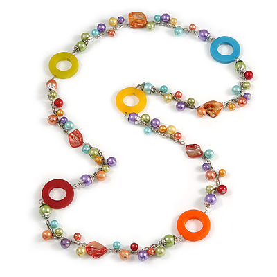 Long Multicoloured Pearl, Shell and Resin Ring with Silver Tone Chain Necklace - 104cm Long