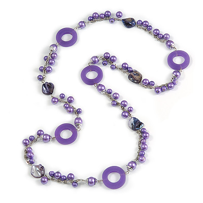 Long Purple Pearl, Shell and Resin Ring with Silver Tone Chain Necklace - 104cm Long