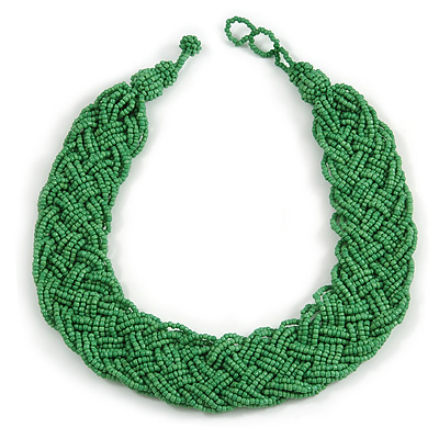 Wide Chunky Apple Green Glass Bead Plaited Necklace - 53cm L