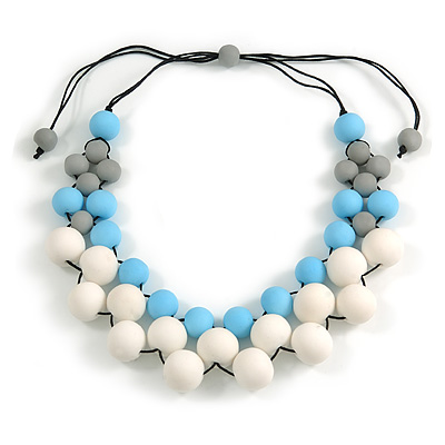 White/ Light Blue/ Grey Resin Beaded Cotton Cord Necklace - 40cm L - Adjustable up to 48cm L