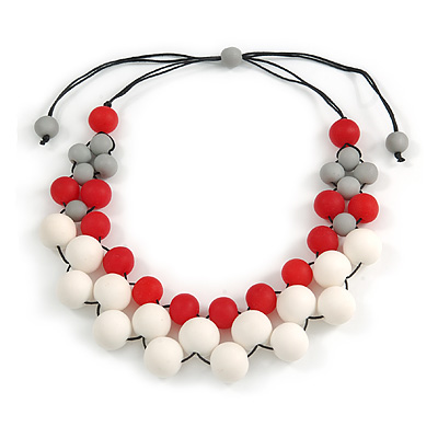 White/ Red/ Grey Resin Beaded Cotton Cord Necklace - 40cm L - Adjustable up to 48cm L