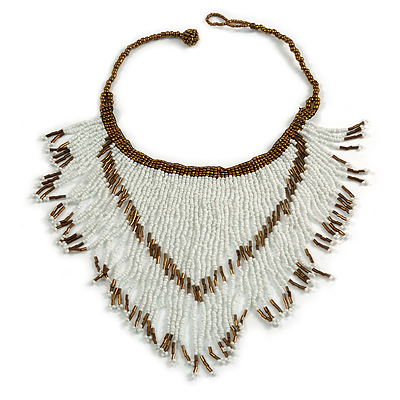 Statement Glass Bead Bib Style/ Fringe Necklace In Snow White/ Bronze - 40cm Long/ 17cm Front Drop