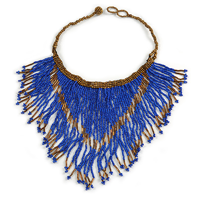 Statement Glass Bead Bib Style/ Fringe Necklace In Blue/ Bronze - 40cm Long/ 17cm Front Drop