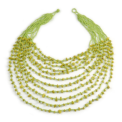 Statement Long Layered Multistrand Glass Bead and Semiprecious Stone Necklace In Lime Green - 86cm Long - main view